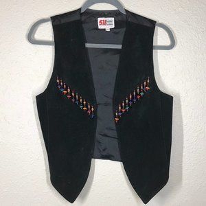 Vintage Black Leather Suede Beaded Open Front Vest